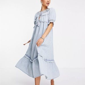 Free People Denim Maxi Dress with Smocking & Tassels XS